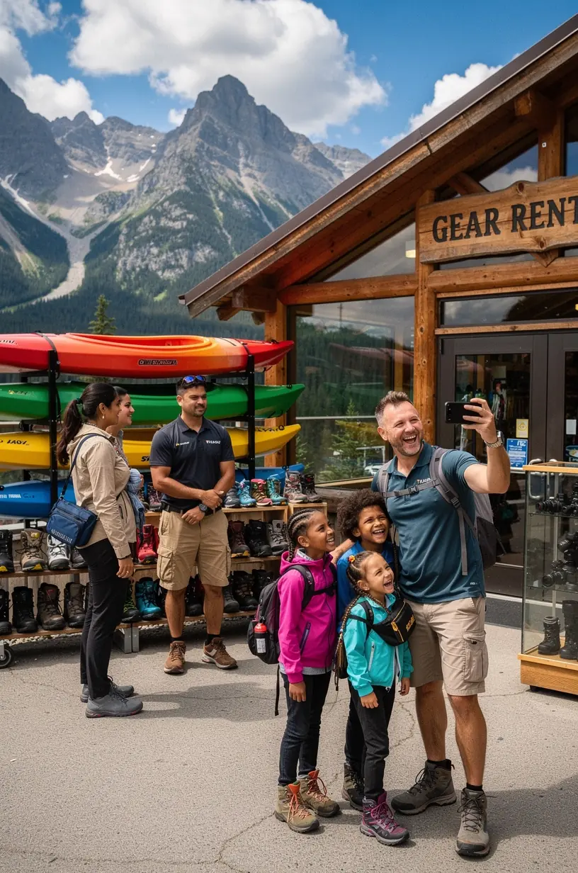 Автобусная остановка национального парка с оборудованием для аренды и информацией о маршрутах для путешественников с ограниченным временем.